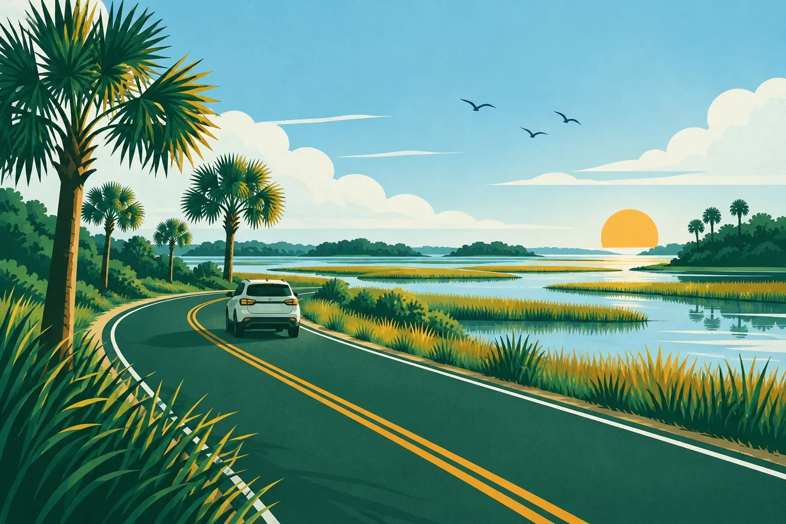 A road through marshlands with palmetto trees, a typical landscape of South Carolina