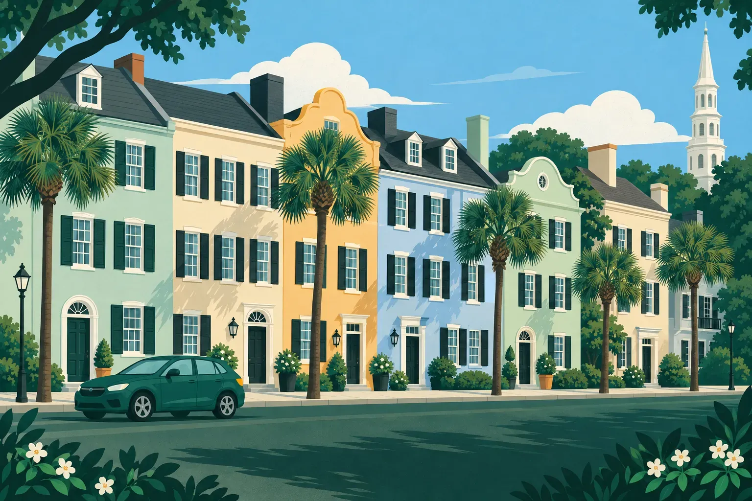 The pastel row houses of Rainbow Row in Charleston with palmetto trees, in South Carolina